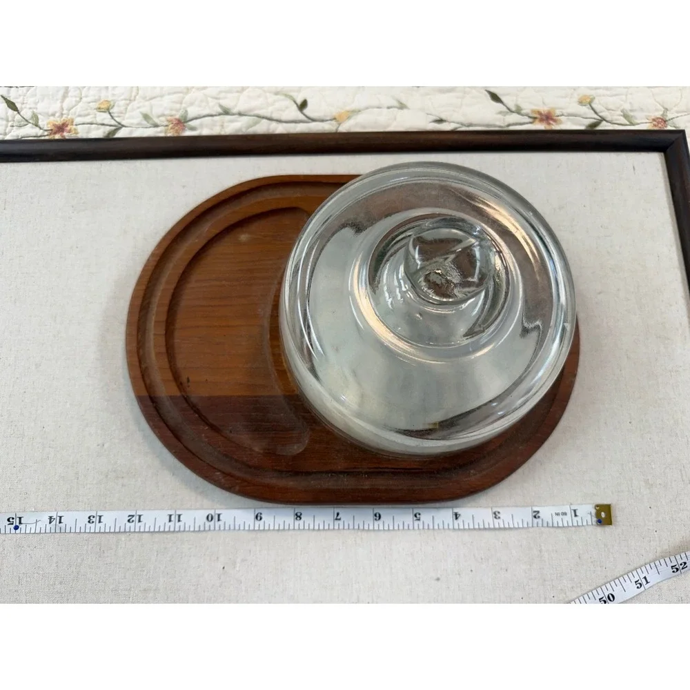 Vintage Digsmed Denmark Teak‎ Cheese Board Marble Inlay Glass Cloche Dome MCM